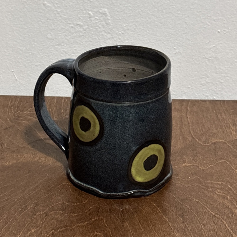 Vintage Pottery Mug, Blue Green, Stoneware, Polkadot Eye Design